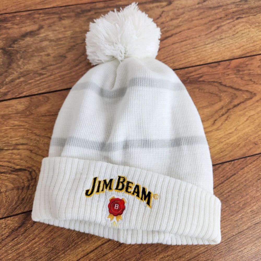 Jim Beam White Beanie Winter Hat Pom Cap Bar Drinking Party Beenie